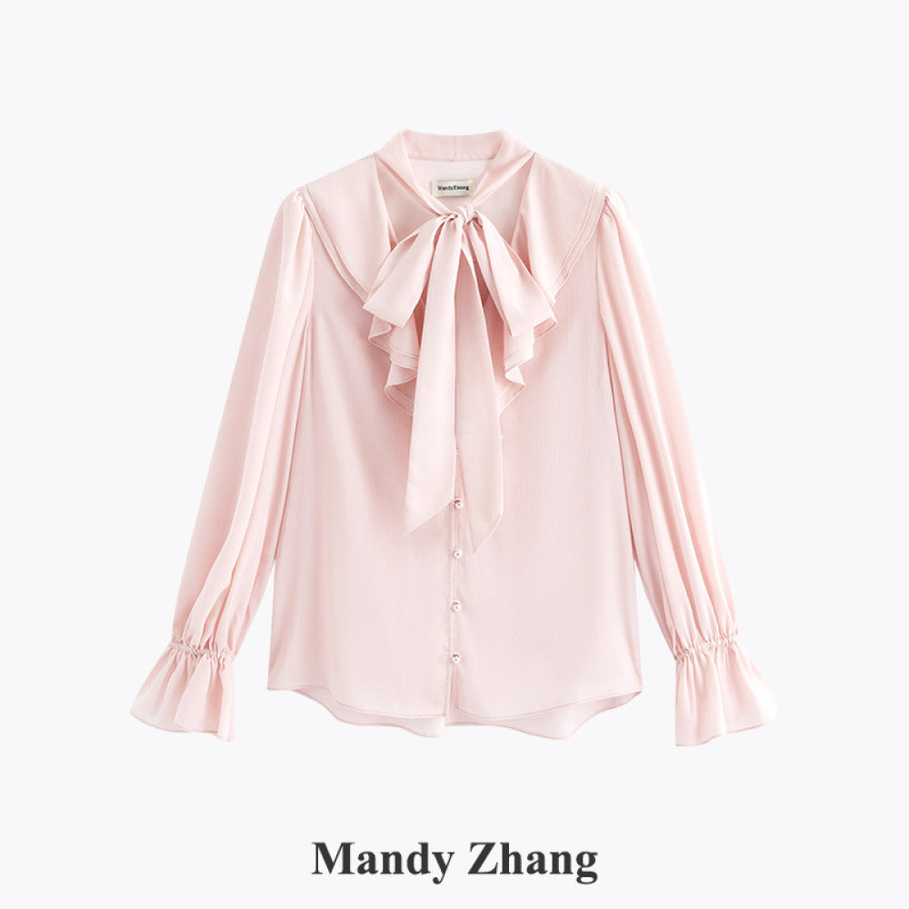 MandyZhang French bow ribbon retro love polka dot shirt women s autumn V neck temperament long sleeved top image 28
