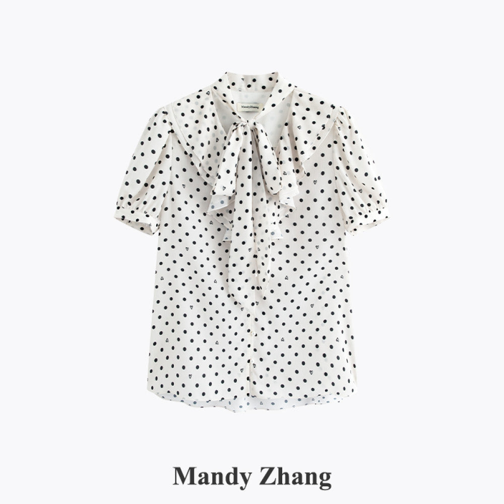 MandyZhang French bow ribbon retro love polka dot shirt women s autumn V neck temperament long sleeved top image 36