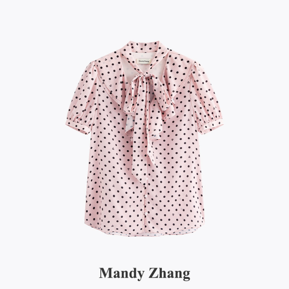 MandyZhang French bow ribbon retro love polka dot shirt women s autumn V neck temperament long sleeved top image 43