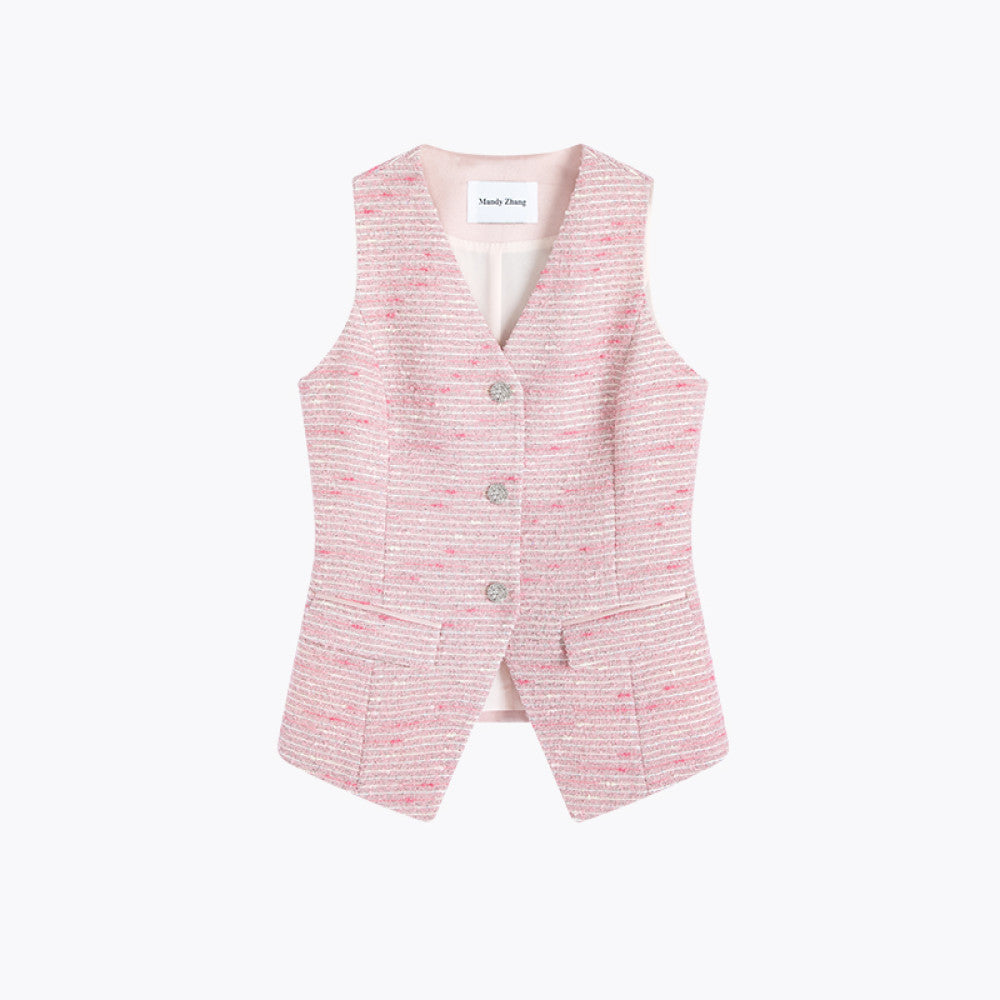 MandyZhang delicate floral yarn strawberry powder V neck small fragrant style vest women s autumn temperament vest top image 13