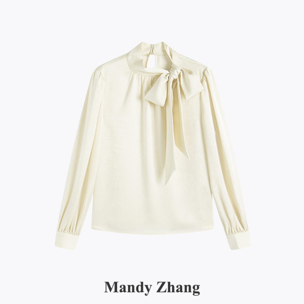 MandyZhang s light luxury temperament with a ribbon stand up collar shirt top women s autumn bow French pink long sleeved shirt image 9