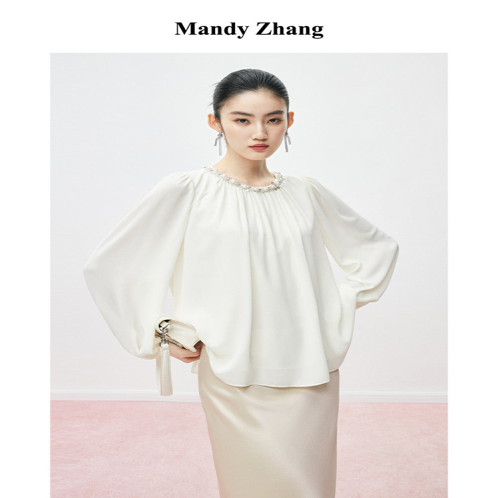 MandyZhang Heavy Industry Nail Bead sequin Round Neck Shirt for Women s Autumn Style Showing Thin and Bubbly Sleeve Long Top image 0