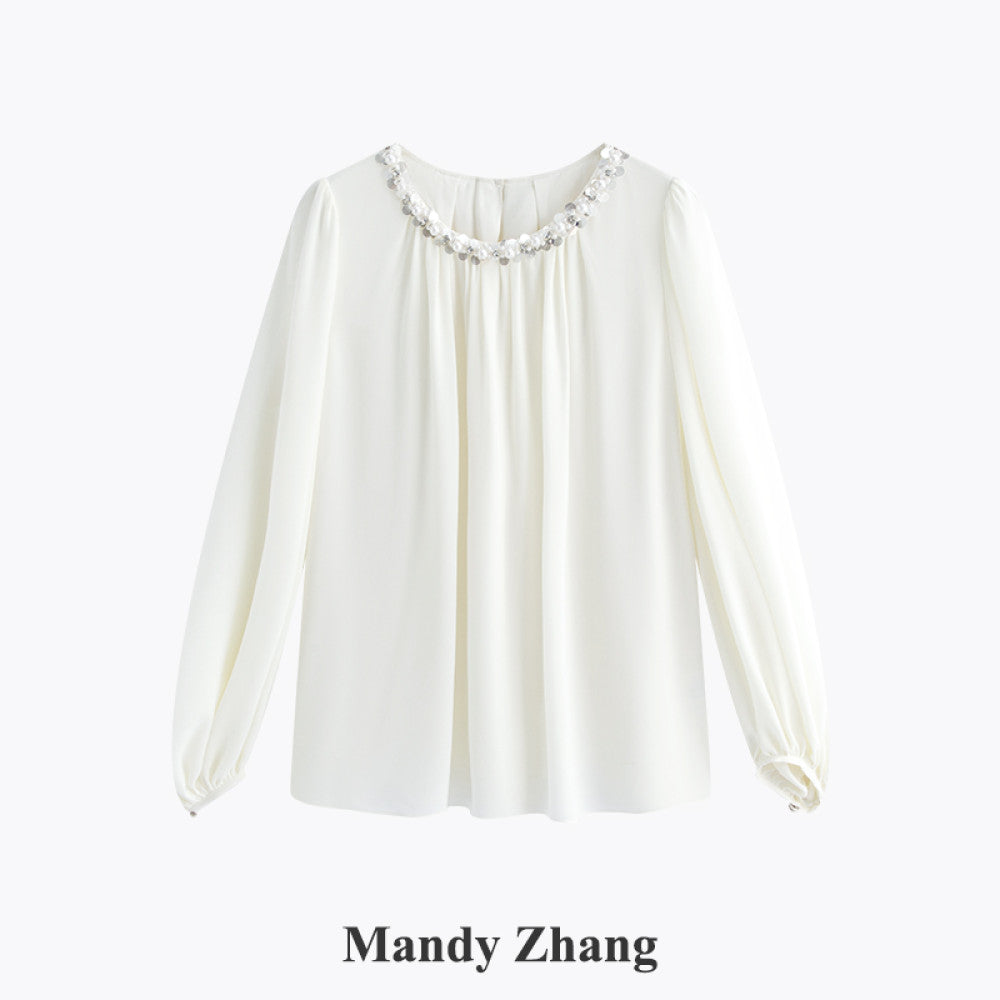 MandyZhang Heavy Industry Nail Bead sequin Round Neck Shirt for Women s Autumn Style Showing Thin and Bubbly Sleeve Long Top image 10