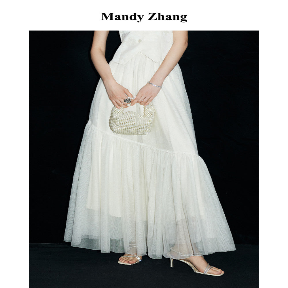 Mandy Zhang White Moonlight Charm A line White Half length Skirt for Women Autumn High End Three layer Mesh Long Skirt image 1