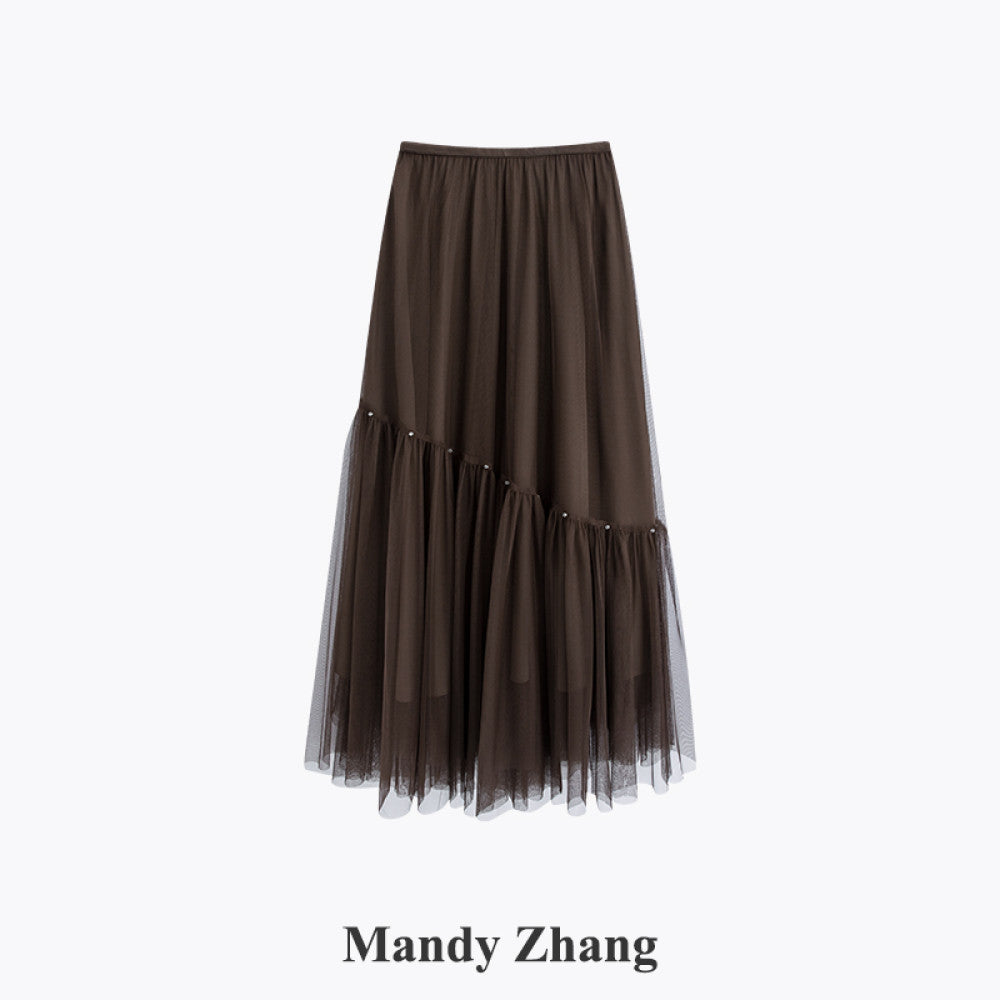 Mandy Zhang White Moonlight Charm A line White Half length Skirt for Women Autumn High End Three layer Mesh Long Skirt image 27