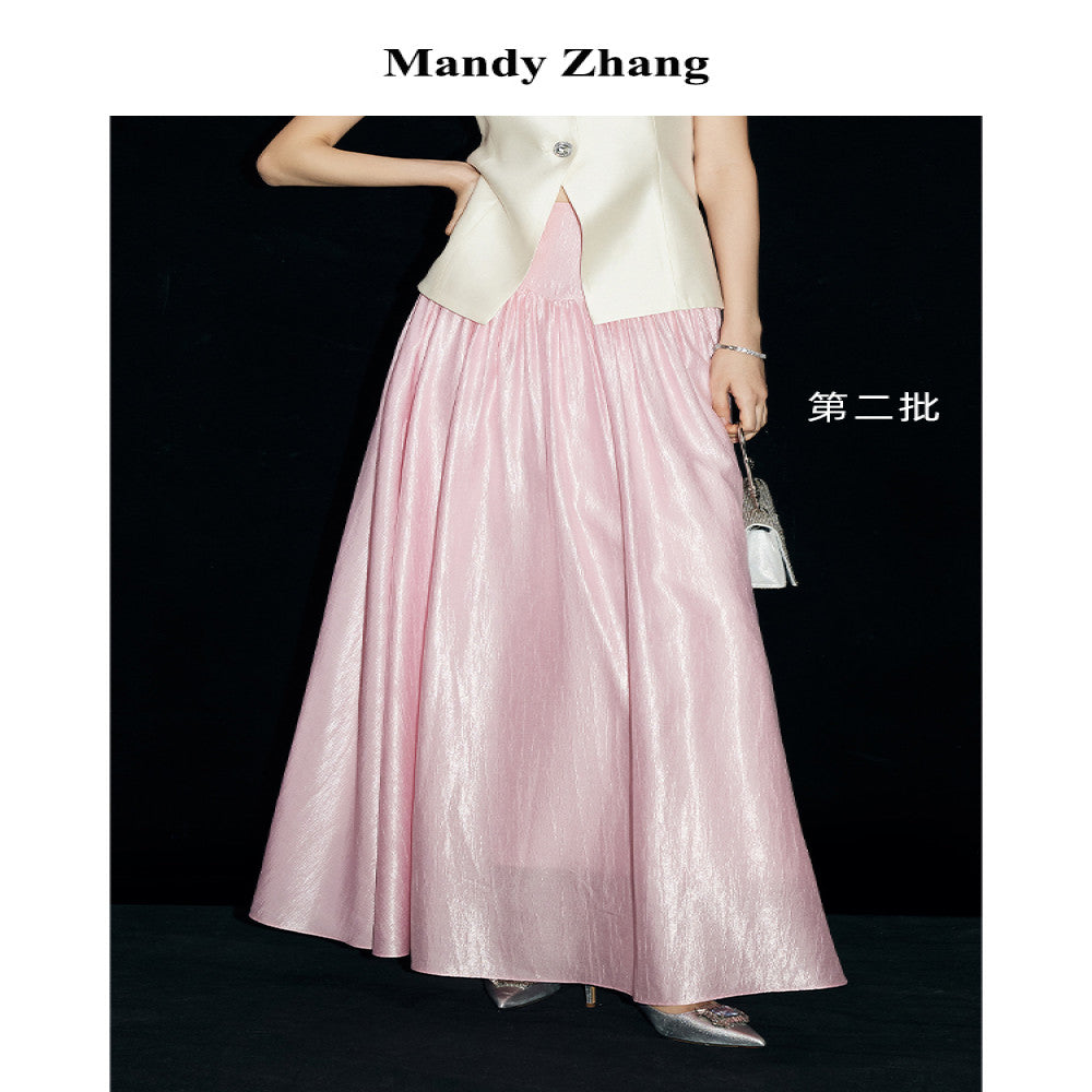 Mandy Zhang Palace Style Waist Cover Tencel Gilded Satin Half Body Skirt for Women in Summer High Waist Style Large Swing Long Skirt image 0