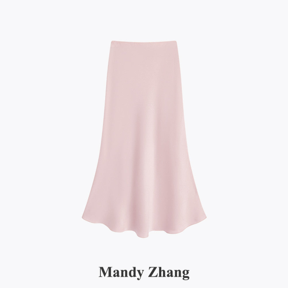 MandyZhang French CHIC Heavy Pink Acetate Satin Fishtail Half length Skirt for Women Summer Falling Long Skirt image 13