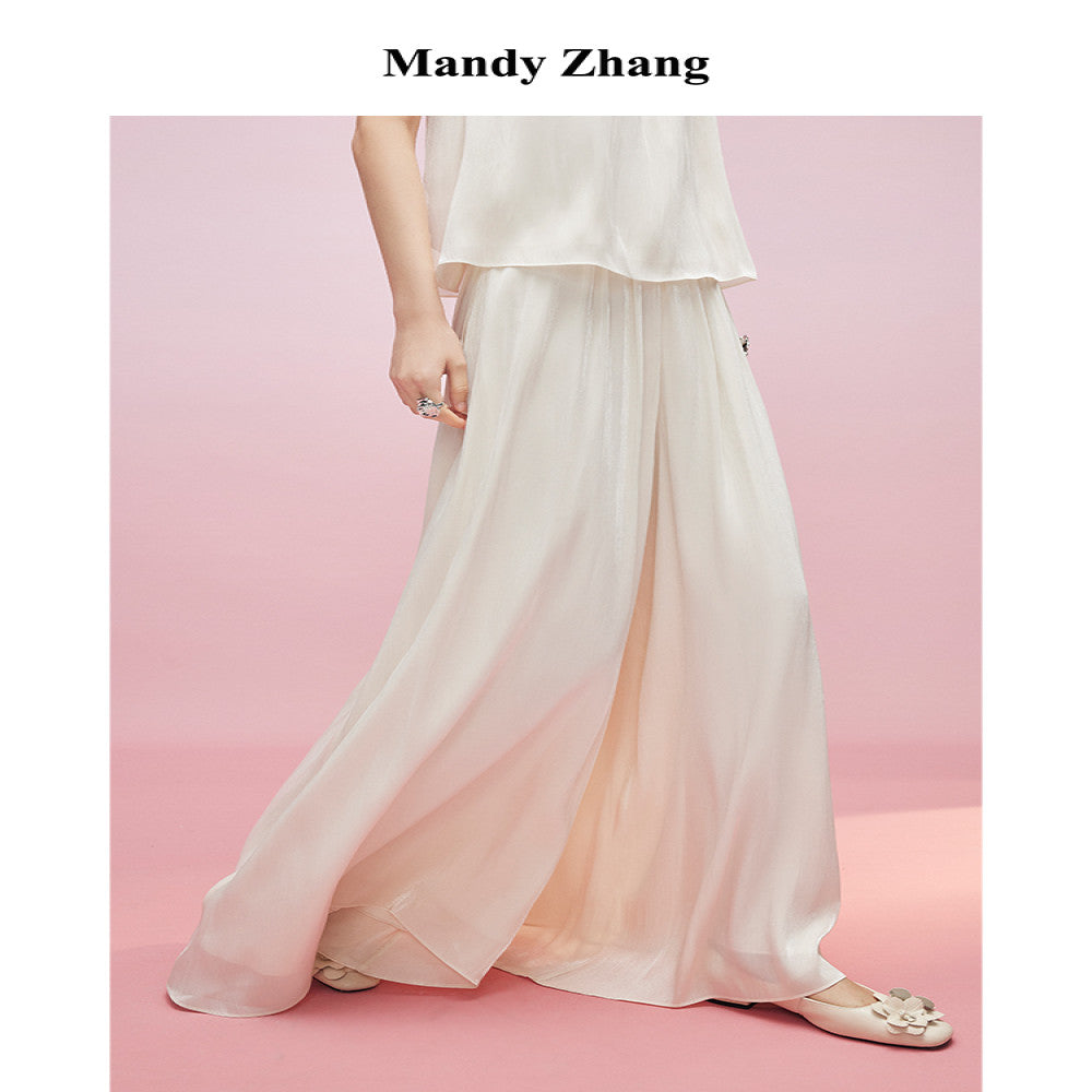 MandyZhang satin glossy A line wide leg white skirt pants summer lazy style long casual pants image 0