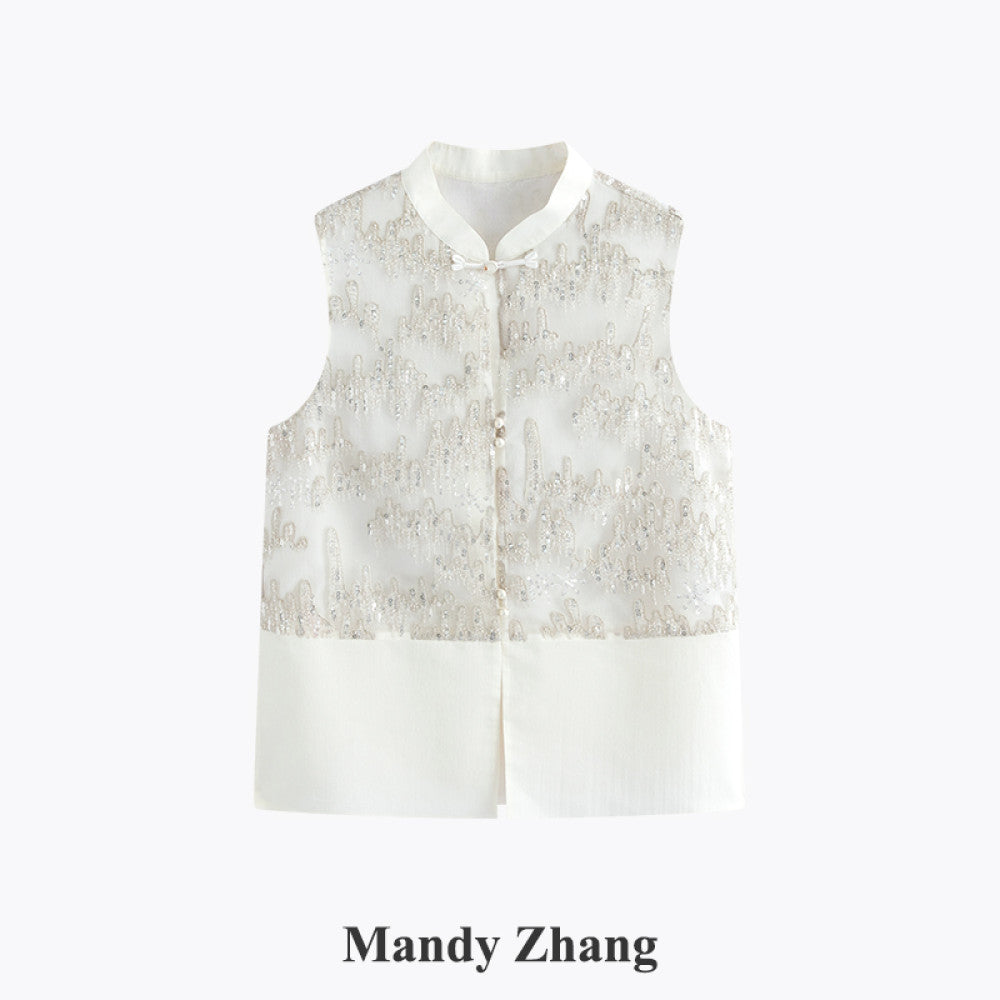 MandyZhang Heavy Industry Nail Bead Embroidered New Chinese Vest Women s Summer National Style Design White Top image 7