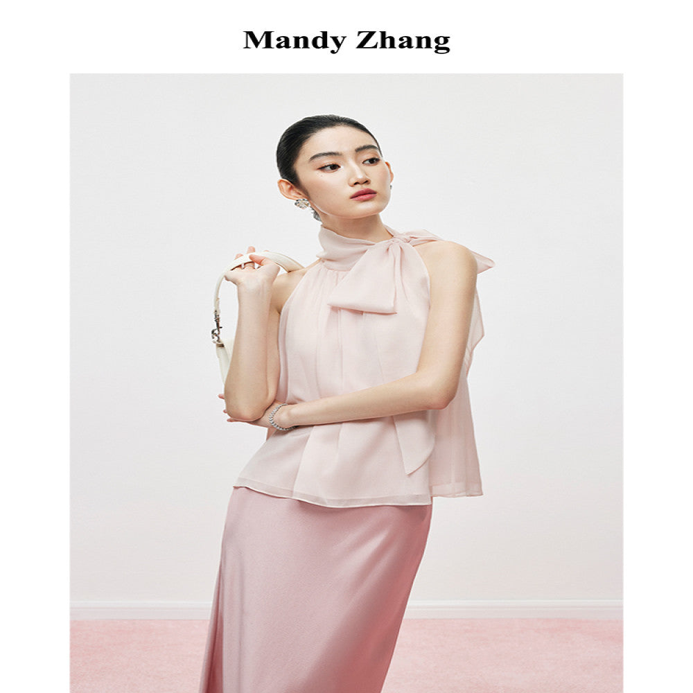 MandyZhang elegant temperament bow ribbon top for women s summer design pink hanging neck sleeveless vest image 0