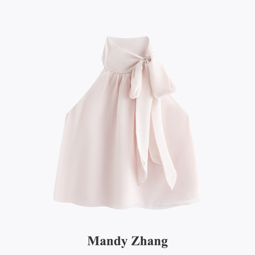MandyZhang elegant temperament bow ribbon top for women s summer design pink hanging neck sleeveless vest image 9
