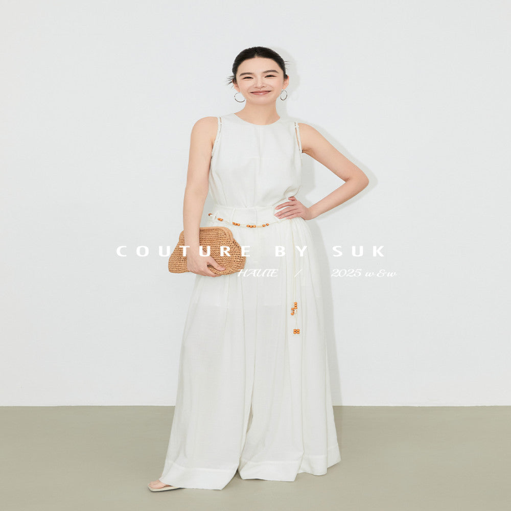 SUK protagonist aura Elegant and casual bead design high end sleeveless vest top wide leg pants set for women image 1