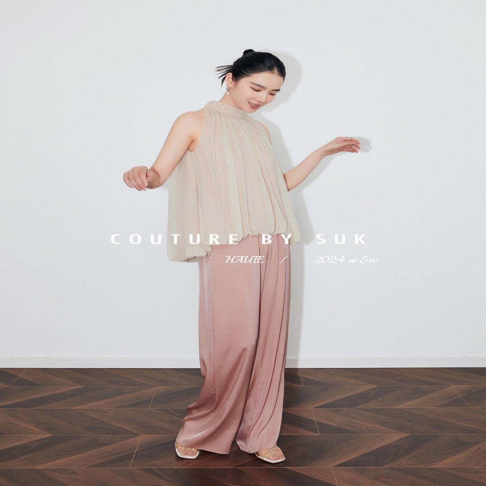 SUK light yarn sways Mulberry silk small stand up collar design hanging neck sleeveless vest top wide leg pants set image 3