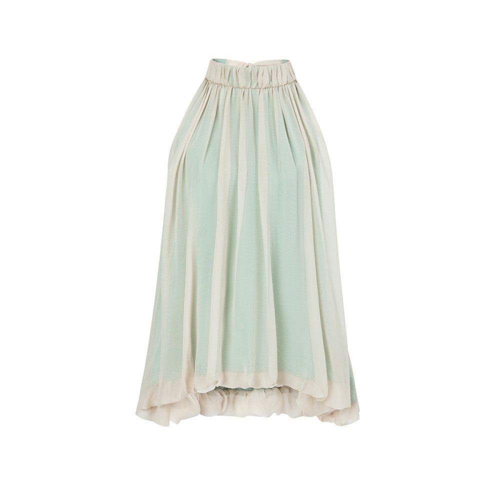 SUK light yarn sways Mulberry silk small stand up collar design hanging neck sleeveless vest top wide leg pants set image 13