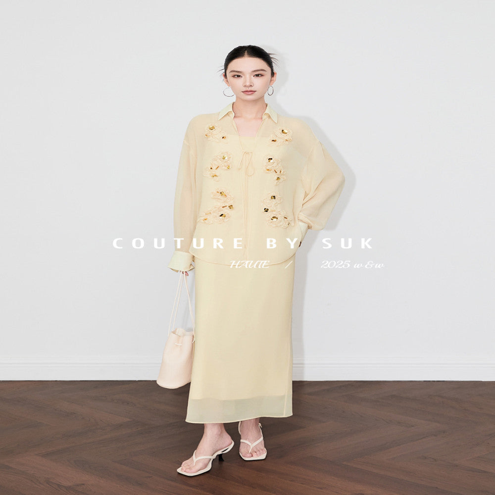 SUK Capital Smoke and Clouds French style three dimensional floral long sleeved shirt with suspender and dress inside white fashionable suit for women image 14