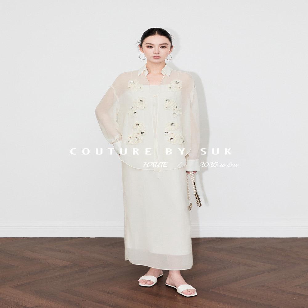 SUK Capital Smoke and Clouds French style three dimensional floral long sleeved shirt with suspender and dress inside white fashionable suit for women image 17