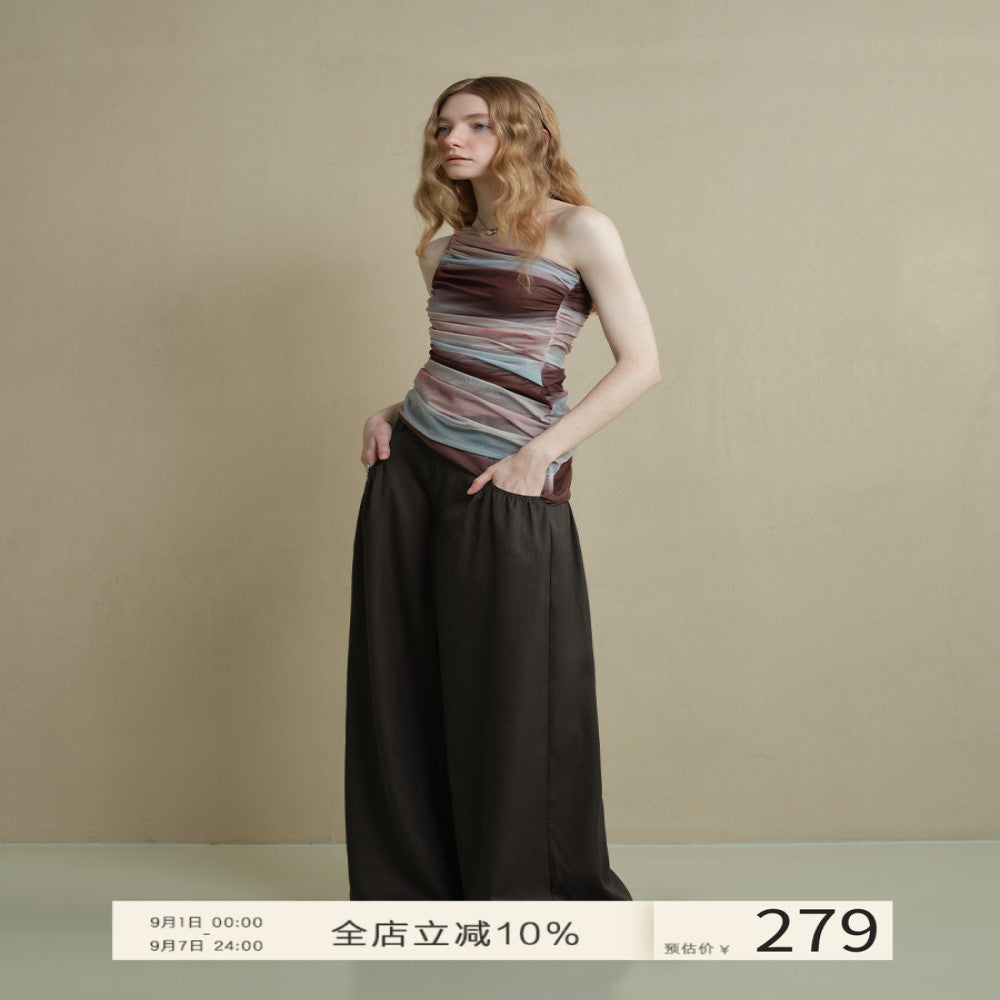Someone Sometimes Original Soft Breathable Pocket Fold Design Wide Leg Pants Women s Brown Casual Pants image 0