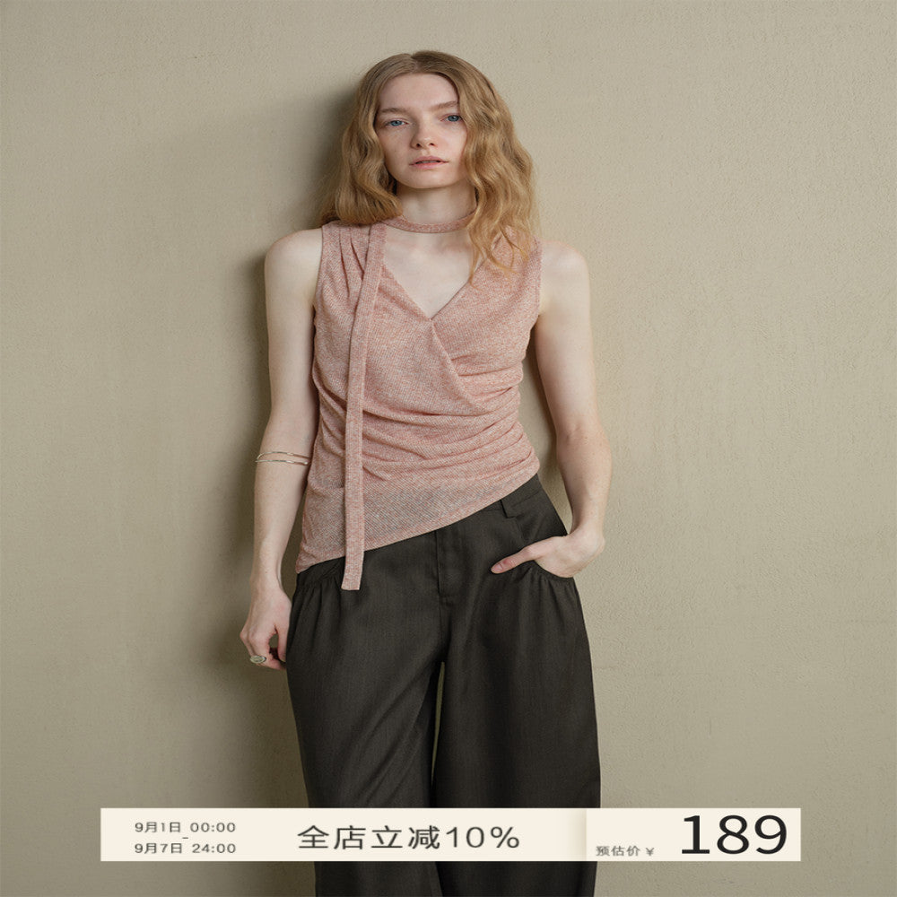 Someone Sometimes Original Asymmetric Hem Side Waist Fold Waist Strap Tank Top Hanging Neck Top image 1
