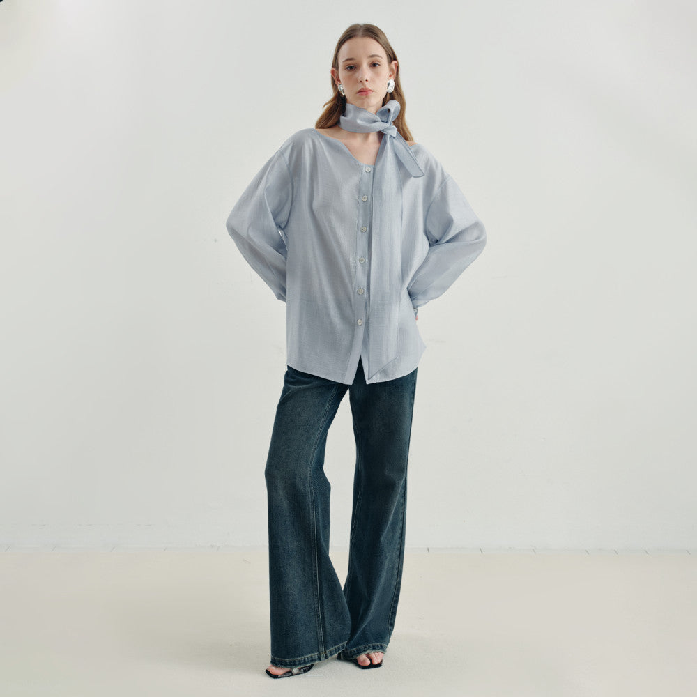 Sometimes the pearl light texture with a wavy collar and flowing ribbons exudes a blue shirt and top for women image 4