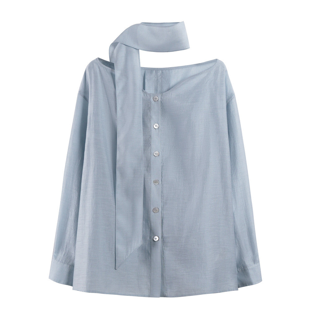 Sometimes the pearl light texture with a wavy collar and flowing ribbons exudes a blue shirt and top for women image 9