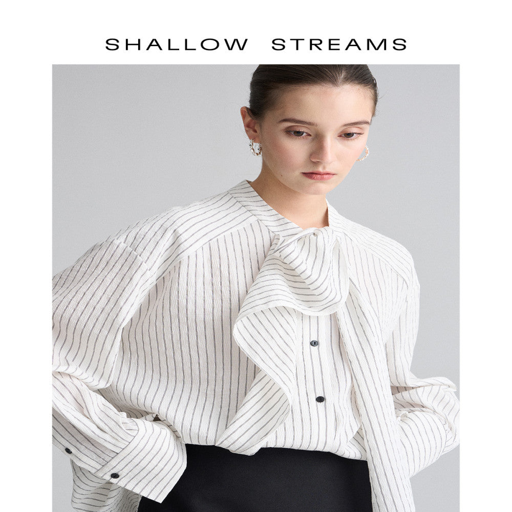 Pear dimpled sea design niche striped stand collar ribbon shirt women s long sleeves stylish loose chic top shirt image 1