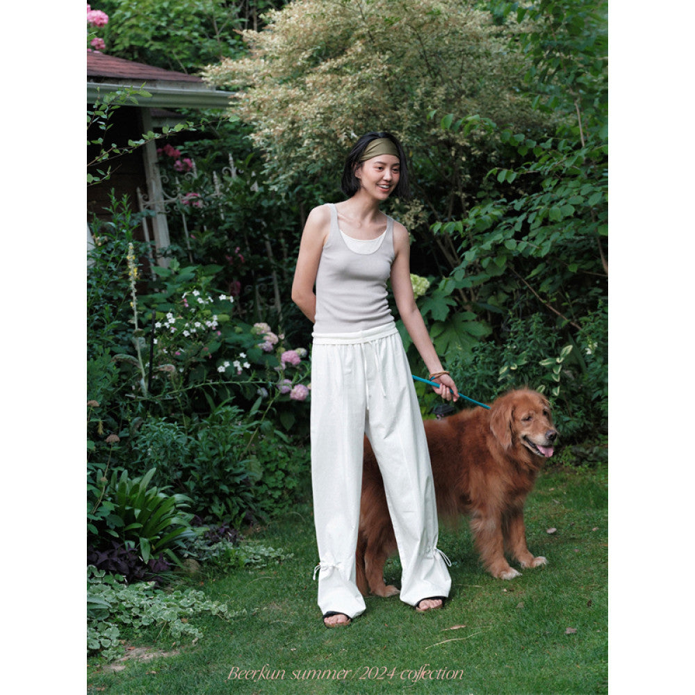 Beerkun s versatile young u0026chill bamboo cotton linen loose straight leg drawstring details casual pants in this issue image 0