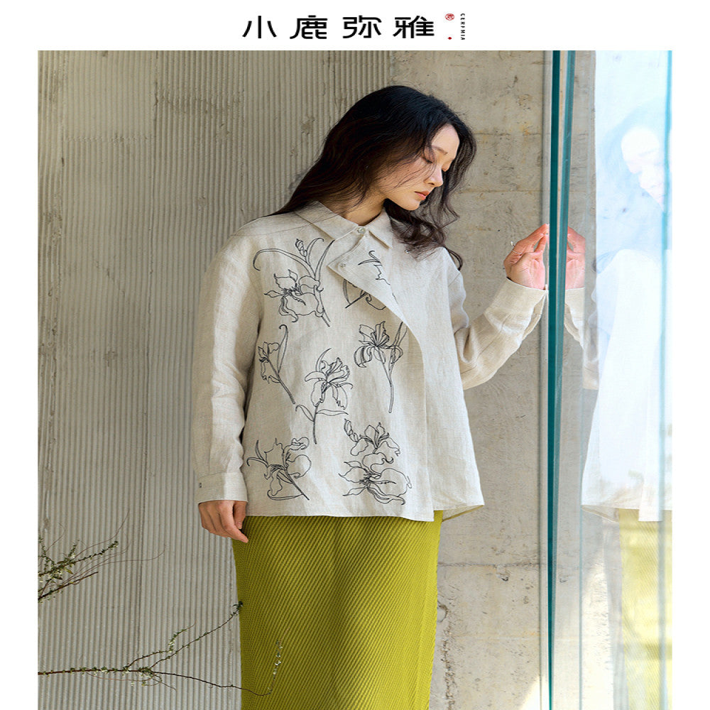 Xiaolu Miya Iris original new Chinese linen embroidery long sleeved two wear shirt spring and summer image 0
