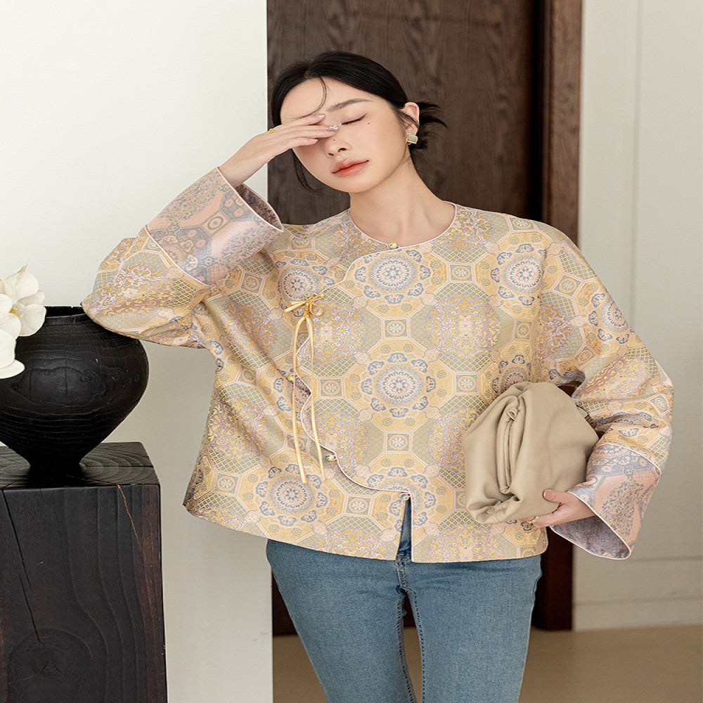 High end silk jacquard Chinese style short jacket for women s spring 2025 new style slanted collar buckle new Chinese Tang style top image 0
