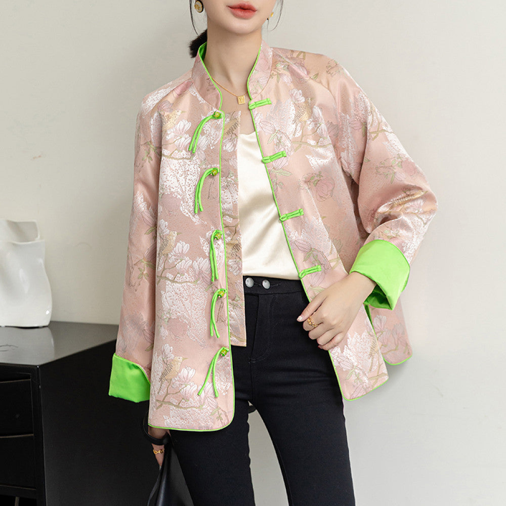 Pink retro jacquard woven satin top for women s autumn new design sense tassel buckle new Chinese style jacket Tang style trendy image 8