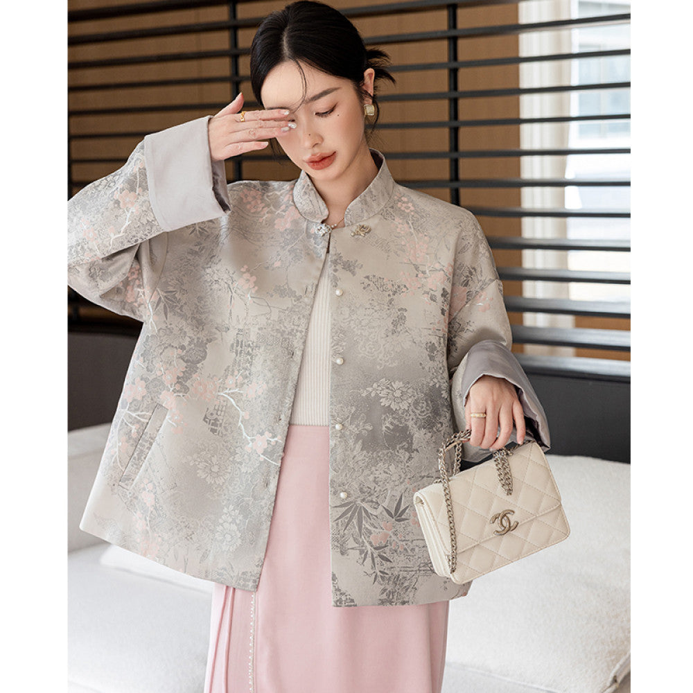 Chinese woven brocade Tang style top women s spring and autumn clothing design sense stand collar new Chinese style buckle short loose jacket image 7