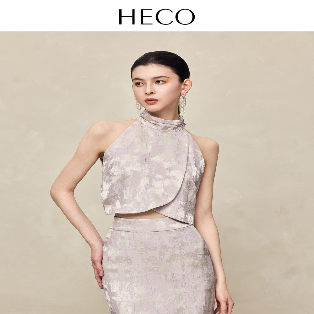 HECO Yunshan ink dyed new Chinese summer new product rayon cross slit pile collar vest top suit for women image 25