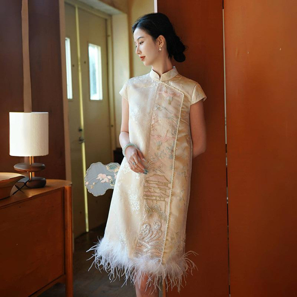 Chengyu Gaoding Yuling New Chinese Heavy Industry Yajin Full Hand Jacquard Embroidery Ostrich Hair Short Western Dress image 20