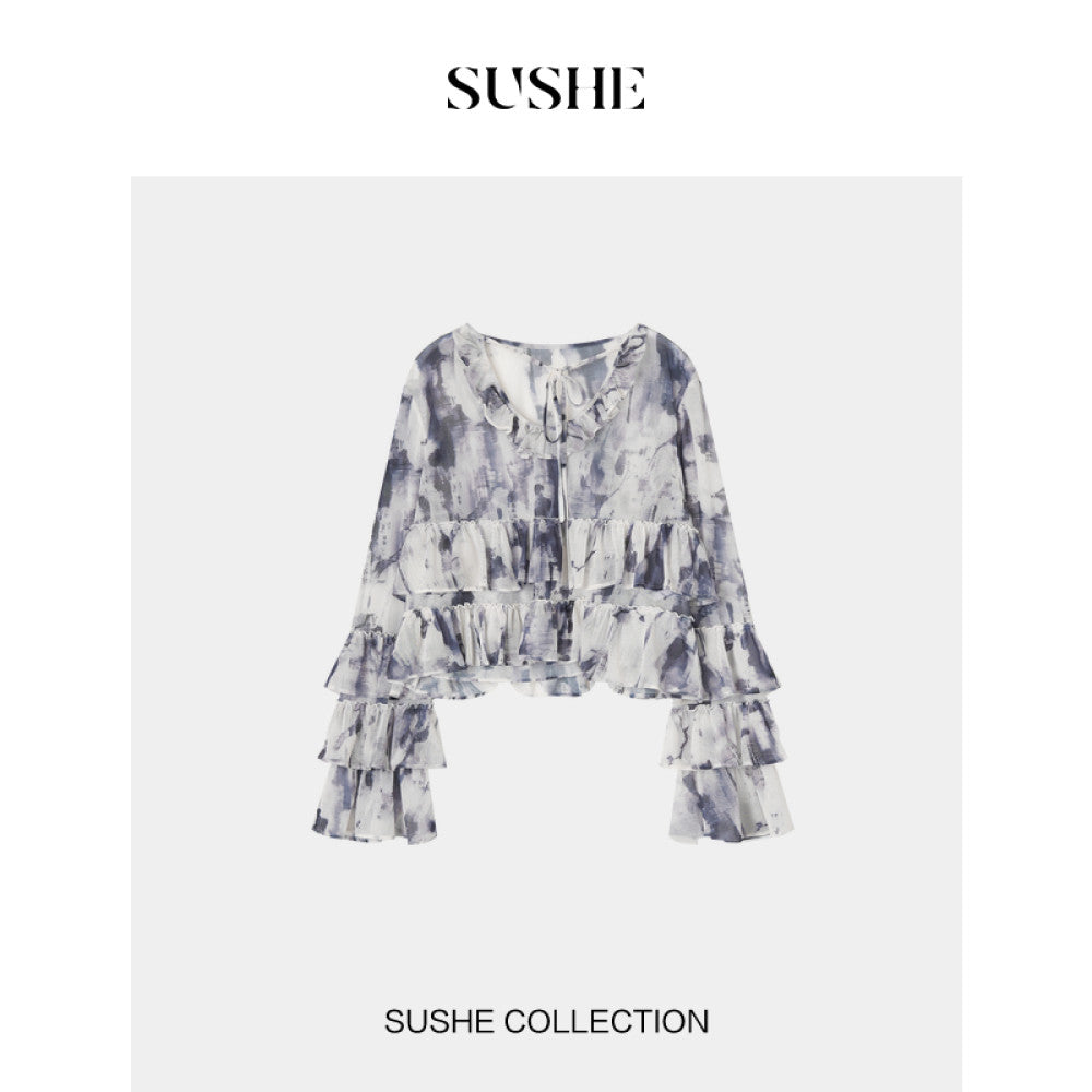 SUSHE Dusk French romantic graphite smudged mesh ruffled shirt suspender dress female autumn image 13