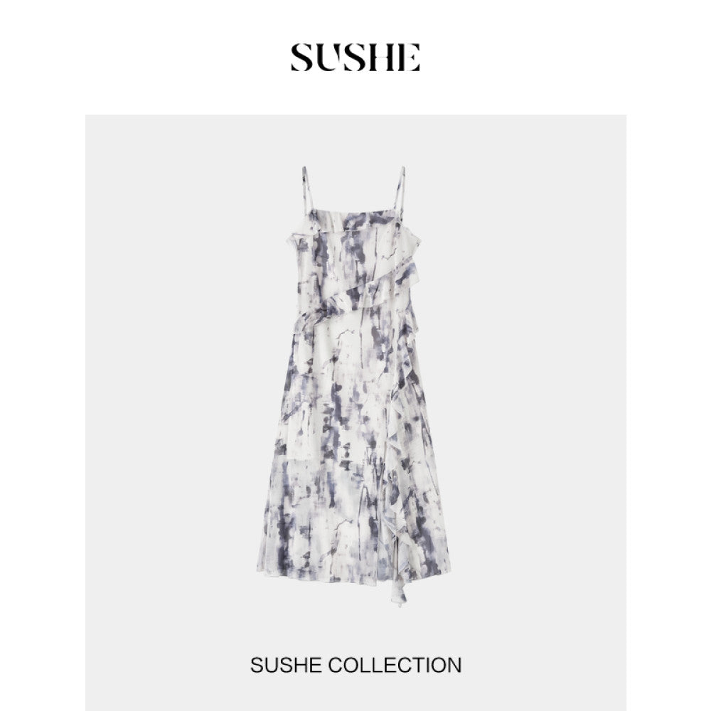 SUSHE Dusk French romantic graphite smudged mesh ruffled shirt suspender dress female autumn image 16