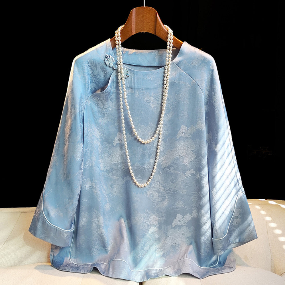 Fashionable new Chinese style improved round neck shirt with women s design sense seven quarter sleeve improved retro buckle casual versatile top image 7