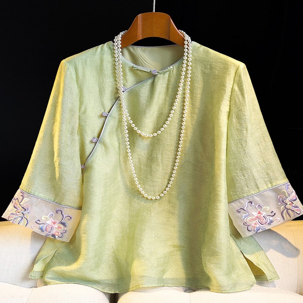 Fashionable new Chinese style retro jacquard five quarter sleeved shirt for women in summer improved new Chinese style slanted collar embroidered button top image 1