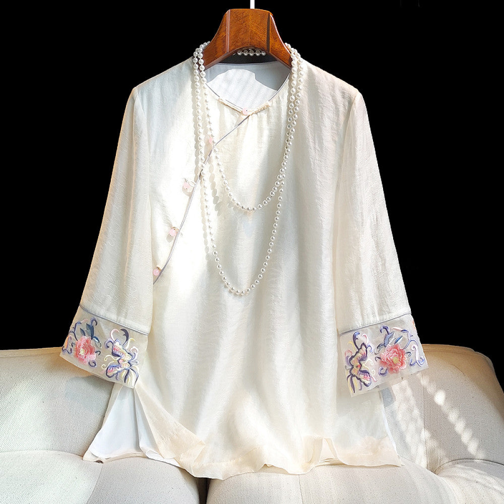 Fashionable new Chinese style retro jacquard five quarter sleeved shirt for women in summer improved new Chinese style slanted collar embroidered button top image 11