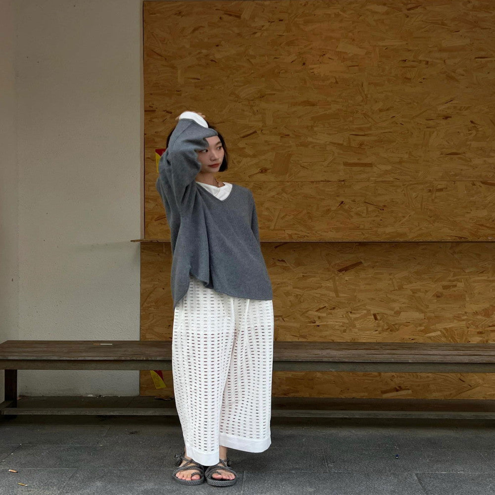 Japanese white lazy Yamamoto pants for early autumn short with hollowed out holes slightly flared casual wide leg pants for women image 2