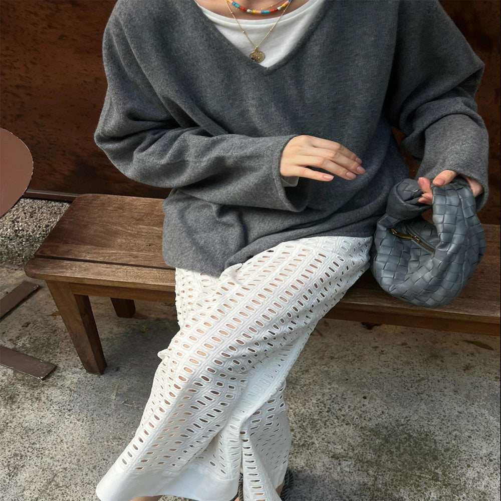 Japanese white lazy Yamamoto pants for early autumn short with hollowed out holes slightly flared casual wide leg pants for women image 4