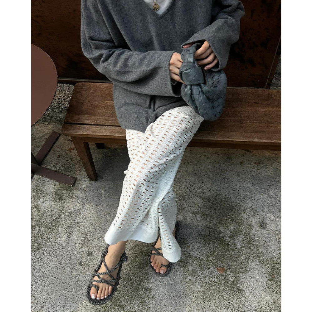 Japanese white lazy Yamamoto pants for early autumn short with hollowed out holes slightly flared casual wide leg pants for women image 6