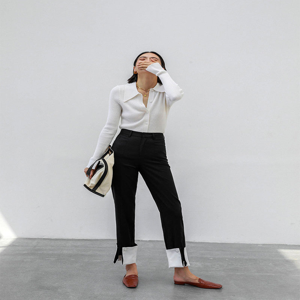 Due to the contrasting colors the loose straight leg pants with folded edges are designed to be split and worn twice making them slim for commuting and high waisted casual pants for autumn image 0