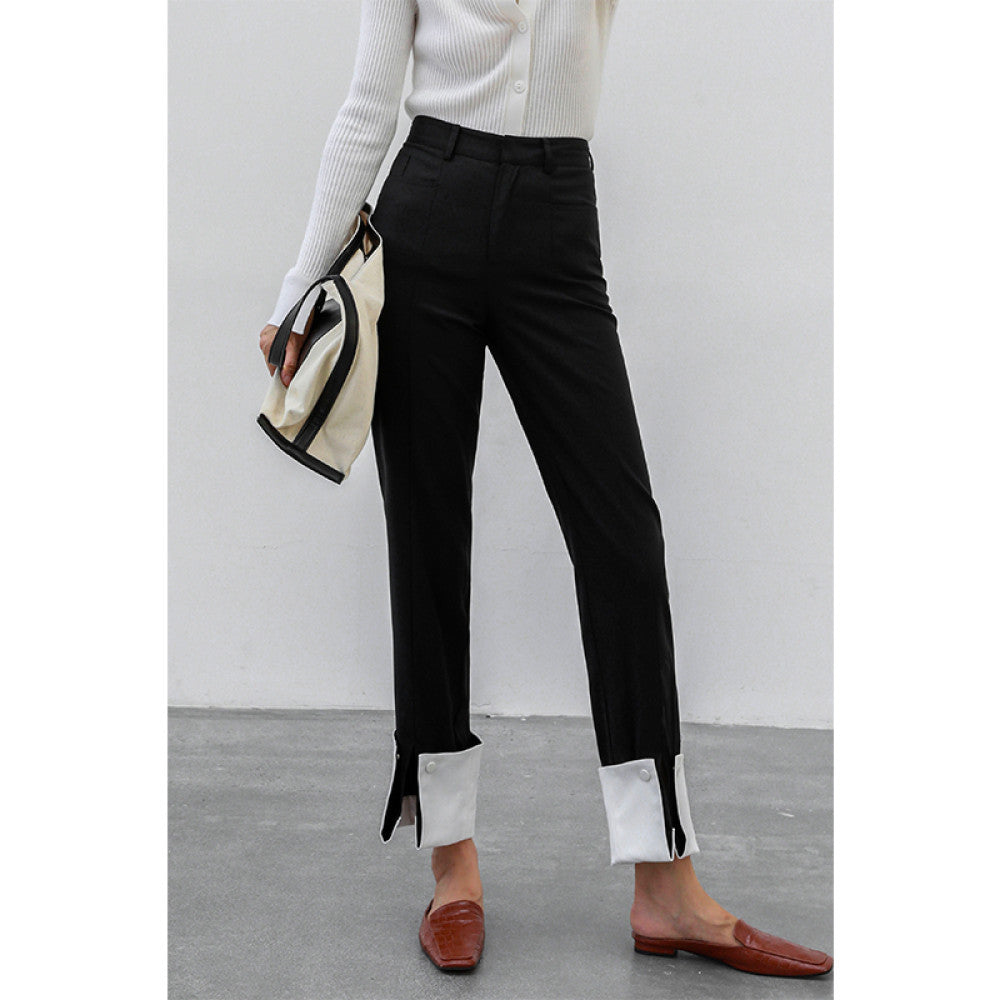 Due to the contrasting colors the loose straight leg pants with folded edges are designed to be split and worn twice making them slim for commuting and high waisted casual pants for autumn image 13