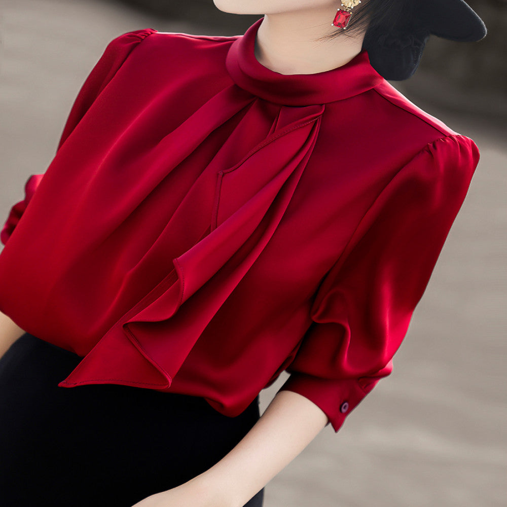 Lanser 2025 autumn new style temperament commuting simple ribbon stand up collar shirt long sleeved satin shirt top for women image 7