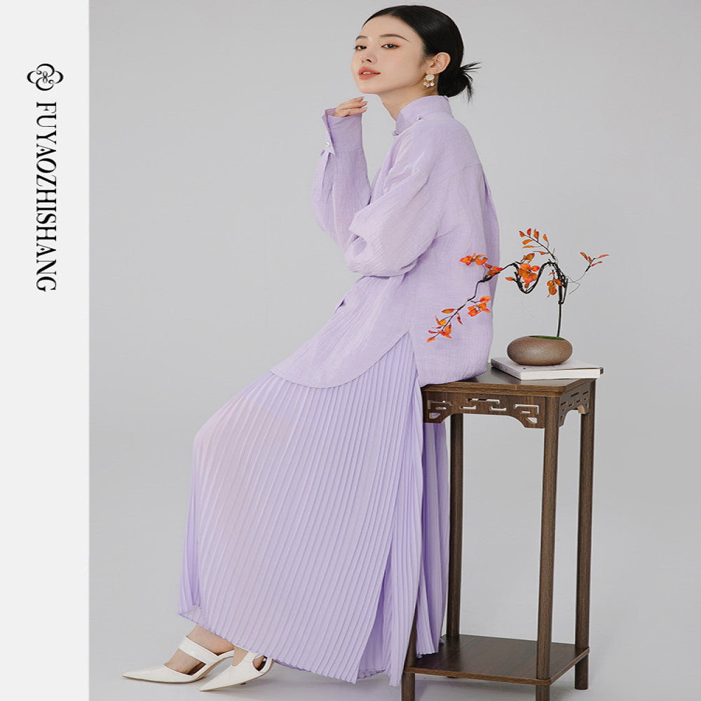 FUYAO Chinese style women s autumn simple and elegant top antique purple shirt new Chinese pleated skirt two piece set image 1