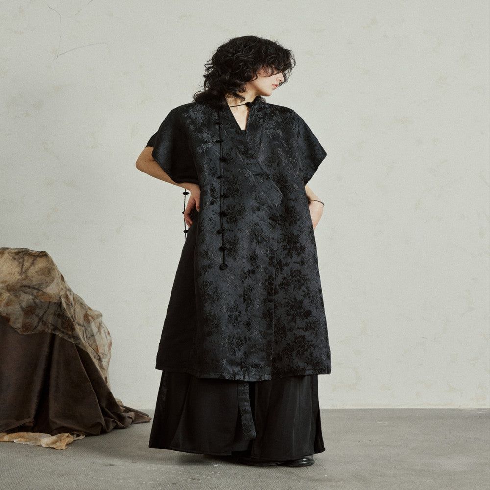 SUNYVONNE niche design new Chinese jacquard dress Chinese style short sleeved lace up mid length skirt summer Hanfu image 1