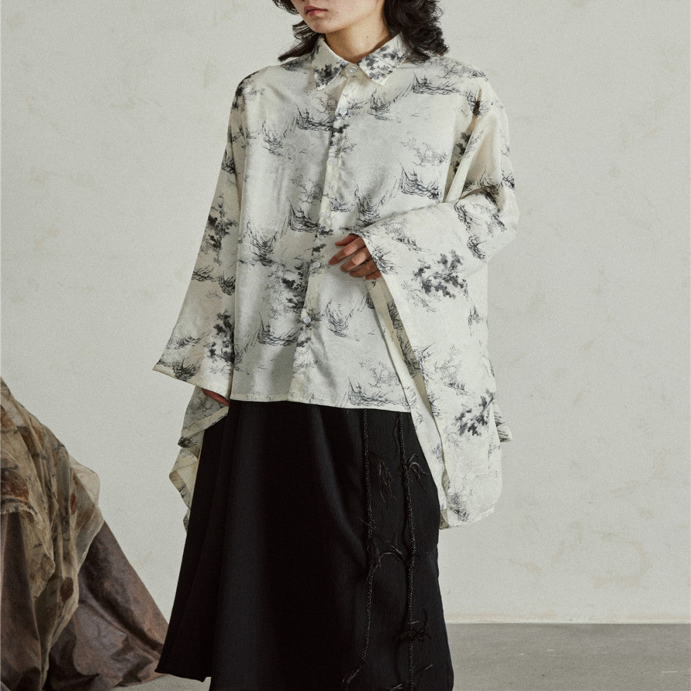 SUNYVONNE niche design new Chinese style improved wide sleeved shirt with ink printing Chinese style hanging loose top image 0