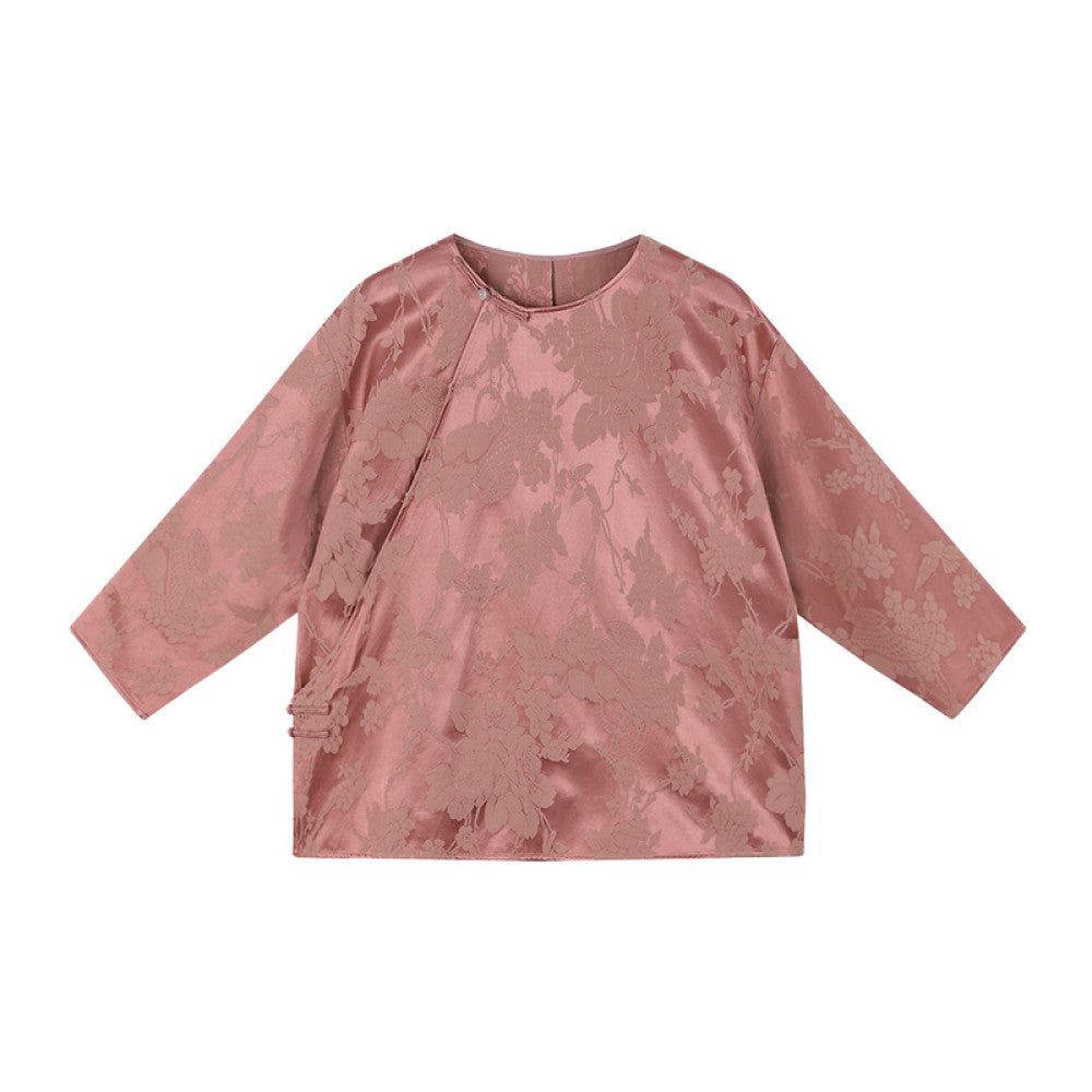 Ruyi Lianyun Maomo Silk Dark Pattern Jacquard Shirt for Women New Chinese Style Slant breasted Jade Button Top image 19