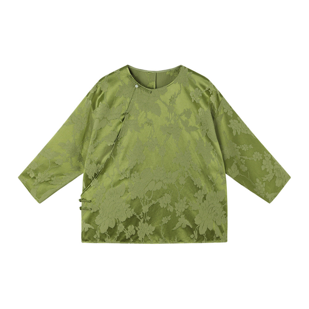 Ruyi Lianyun Maomo Silk Dark Pattern Jacquard Shirt for Women New Chinese Style Slant breasted Jade Button Top image 25