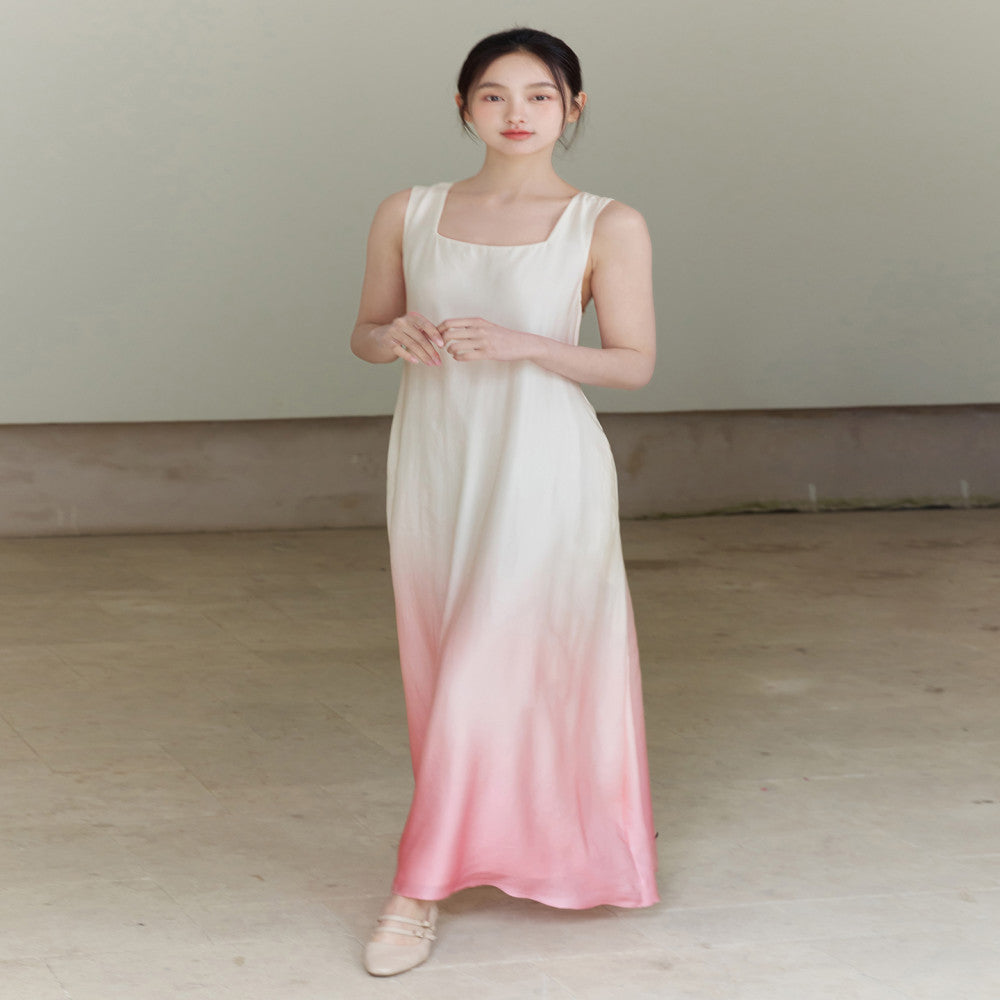 Customized peach color gradient printed slim fit lotus sleeveless dress image 7