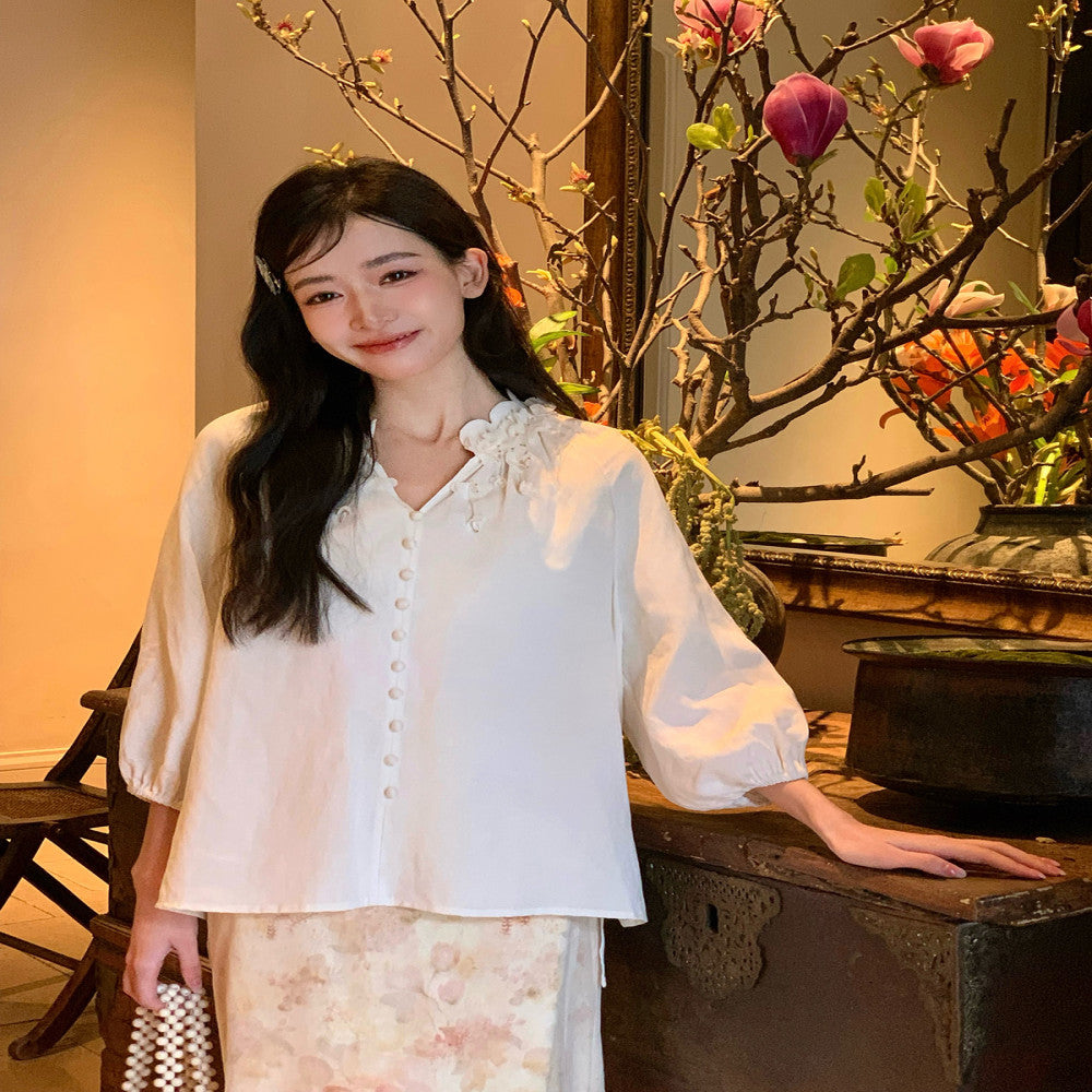 Thecoco Tencel Linen Handmade Pendant Flower Shirt for Women s Spring and Summer Design Sense niche temperament versatile top image 6